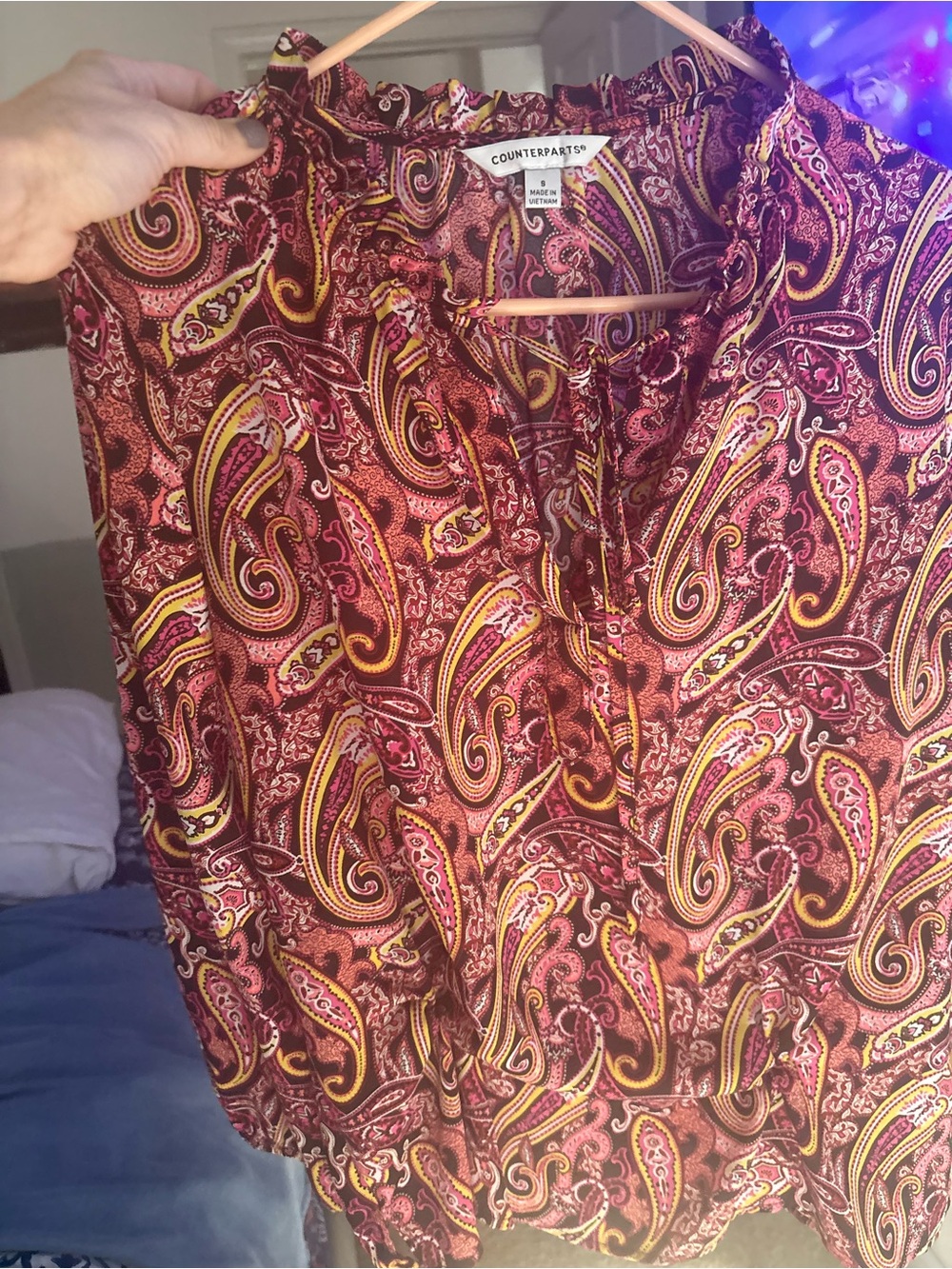 Counterparts Women's Paisley Ruffle Neck Blouse - Pink & Gold Accent
